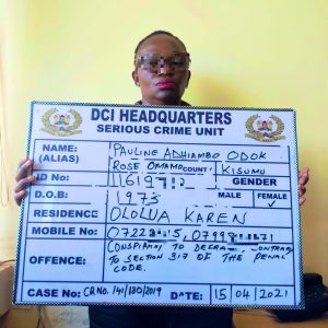 Detectives have today arrested a WANTED suspect, who defrauded a foreigner off Sh300 Million in a fake gold scam. Pauline Adhiambo Odok alias Rose Omamo, who has been on the run since May last year was arrested today at Ololua, Dam Estate.