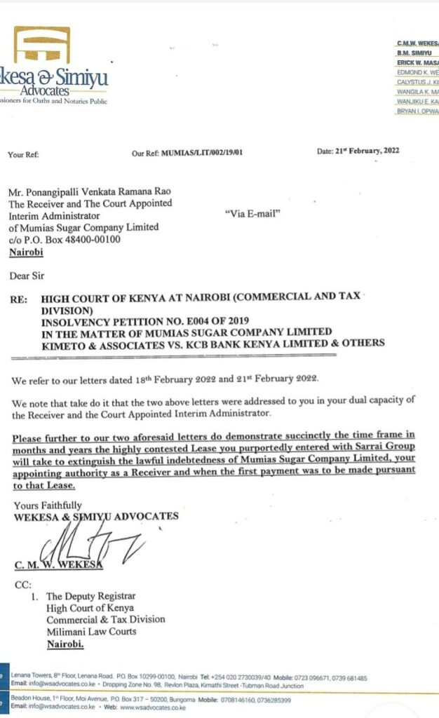 West Sugar Kenya And Vartox queries Mumias receivership accounts
