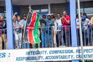 Raila Odinga when he was flagging off the donations to flood victims in Mukuru kwa Njenga on Friday.