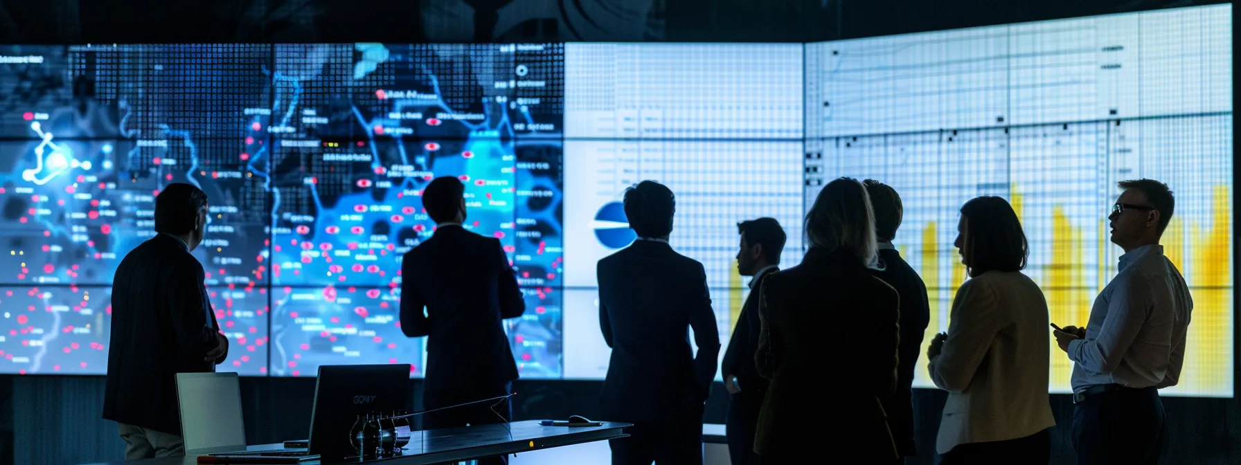 People in a meeting, focused on a large screen filled with graphs and numbers, strategizing on effective client relationship management.