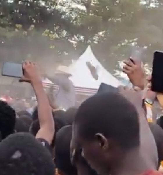 Moment an object that looks like a shoe flies past President Ruto while addressing the public in Migori.