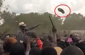 A shoe flying towards President William Ruto as he addresses a rally in Kuria West, Migori county on Sunday May 4, 2025.