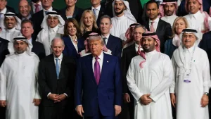 US President Donald Trump and Crown Prince Mohamed Bin Salman photographed with other officials in Riyadh