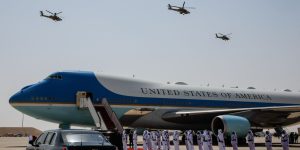 Qatari military aircraft perform a flyover before U.S. President Donald Trump departs on Air Force One from Al Udeid Air Base, en-route to Abu Dhabi, United Arab Emirates, in Doha, Qatar, May 15, 2025. Photo credit: Reuters