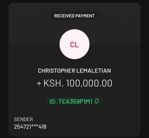 Mpesa message of the alleged bribe price refund of Sh100,000.