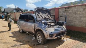 A vehicle that was destroyed after EACC raided the home of Trans Nzoia Governor George Natembeya.