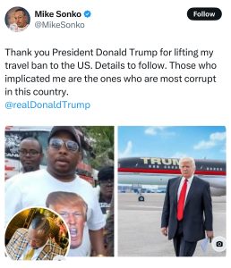 Sonko claims the U.S. president Donald Trump has lifted his travel ban.