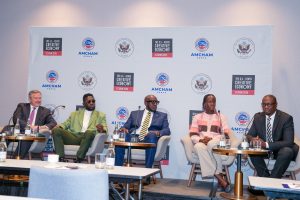 United States Embassy in Kenya Chargé d’Affaires Marc Dillard, renowned music producer Polycarp Otieno alias Fancy Fingers, Thomas Kwaka, popularly known as Big Ted, Margaret Nerea, a Basketball player and American Chamber of Commerce Kenya CEO Maxwell Okello during a panel discussion at the United States-Kenya creative economy forum 2025, set to unlock creative industry opportunities between the United States and Kenya at the Hyatt Regency Hotel in Westlands, Nairobi, on May 22, 2025.