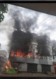 Magunas Supermarket in Makutano, Meru County was looted and set ablaze on July 7 amid the intensifying Saba Saba protests. 