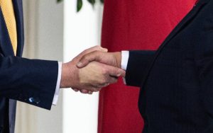 Discoloration is seen on the hand of US President Donald Trump as he welcomes Bahrain's Crown Prince Salman bin Hamad al-Khalifa to the White House at the West Wing entrance in Washington, DC, on July 16, 2025. [AFP]