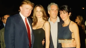 Donald Trump with his then-girlfriend (now wife) Melania Knauss, Jeffrey Epstein and Ghislaine Maxwell in Florida in 2000