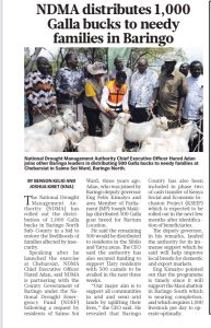 NDMA CEO Adan, who was joined by Baringo deputy governor Eng Felix Kimaiyo and area Member of Parliament (MP) Joseph Maki-lap distributed 500 Galla goat breed for Bartum Location.