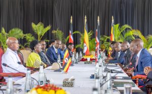 President Ruto and Museveni during a meeting with state officials at State House, Nairobi.