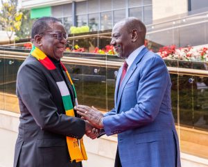 President William Ruto welcomes Zimbabwe President Emmerson Mnangagwa at State House, Nairobi for a meeting of EAC -SADC Co-Chairs with a panel of facilitators for DRC peace process.
