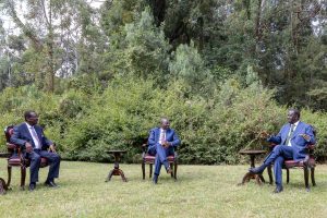President Ruto in. Meeting with ODM leader Raila Odinga and Musalia Mudavadi in a meeting at State House.