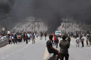 A burning baricade on a road in Kathmandu on September 9