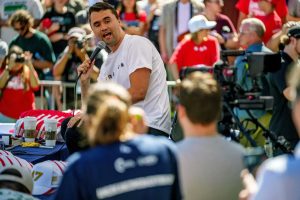 Charlie Kirk speaks before he is shot during Turning Point's visit to Utah Valley University in Orem, Utah, Wednesday, Sept. 10, 2025. Tess Crowley/The Deseret News via AP