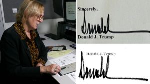 Handwriting expert analyses signature on Epstein card