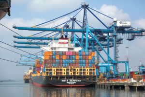 Cargo ship docks at Mombasa Port.