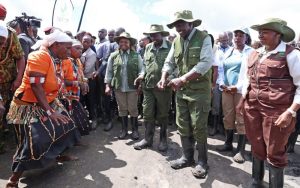 President William Ruto joins a group of dancers for a jig during the National Tree Planting Day in Kiu, Makueni, County on Monday, November 13, 2023. PHOTO/PCS