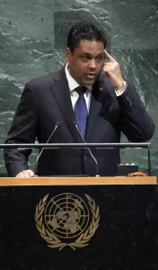 Laurent Saint-Cyr, chairman of Haiti's Transitional Presidential Council, speaks during the General Debate of the United Nations General Assembly at UN headquarters. AFP