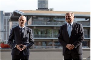 The Centre for Global Adaptation CEO Patrick Verkoojien with the King of Netherlands Willem Alexander at the inauguration of Prof Dr Patrick Verkoojien's Centre for Global Adaptation floating office at Rotterdam in 2021.