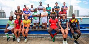Safari Sevens rugby tournament team captains pose for a group photo with the tournament trophy in Nairobi on October 9, 2025.