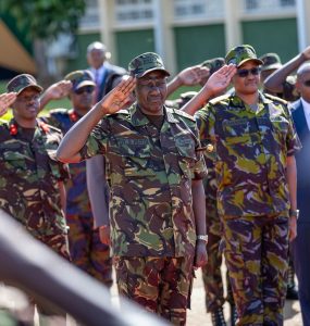 William Ruto, President and Commander-in-Chief of the Kenya Defence Forces, dons the KDF jungle uniform as he presides over KDF Day at Moi Barracks, Eldoret.