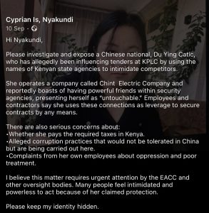 Blog post by Cyprian Nyakundi exposing Du Ying Catic