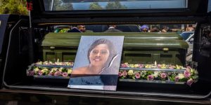 The coffin bearing the remains of gospel singer Beatrice Wairimu Mbugua, popularly known as Betty Bayo (inset). She was laid to rest in Mugumo Estate, Kiambu County, on November 20, 2025.