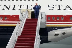 President Donald Trump speaks after touring the newly designated Air Force One presidential aircraft at Joint Base Andrews, Md., Friday, June 19, 2026. 